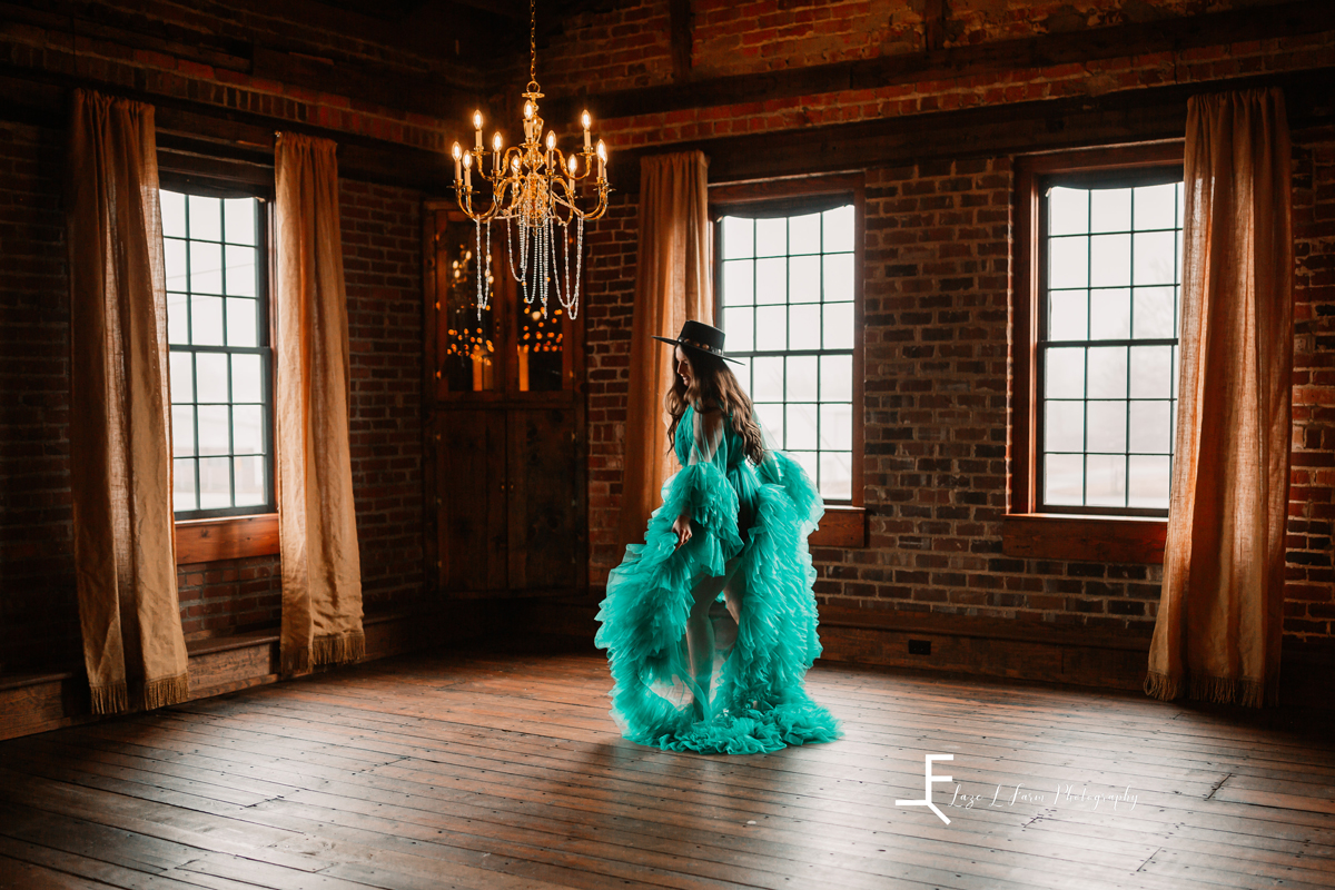 Laze L Farm Photography | Western Lifestyle | Elkin NC | posing the dress in the ballroom