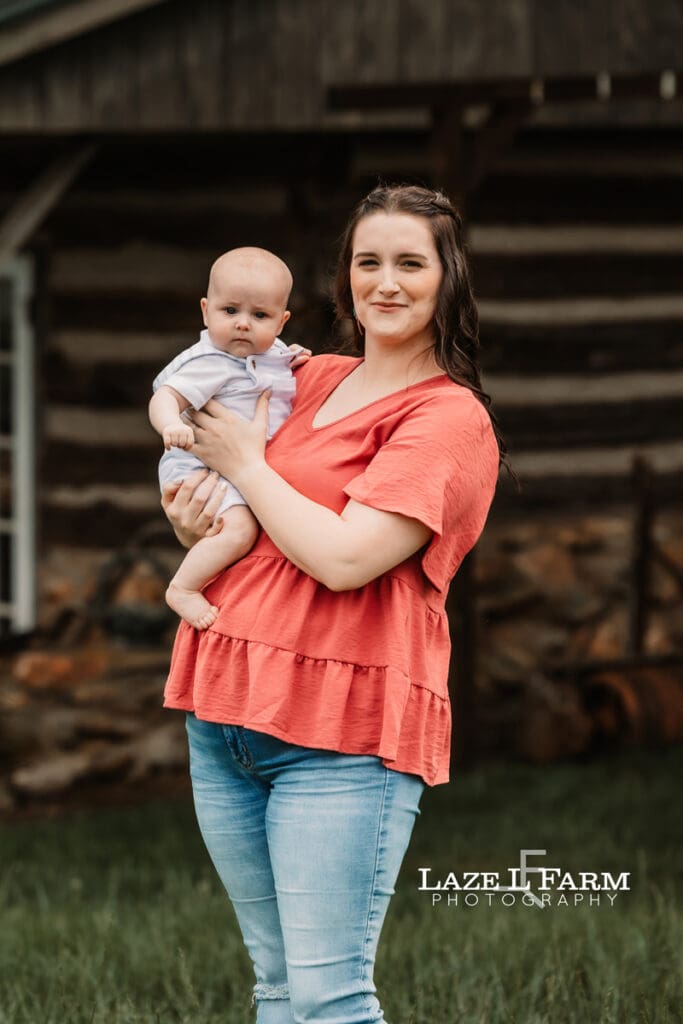 mom and son looking at the camera for family pictures