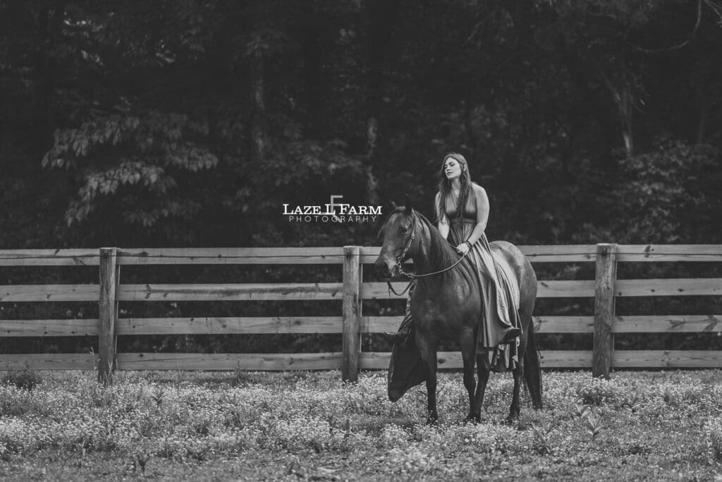 cowgirl riding her horse in a parachute dress