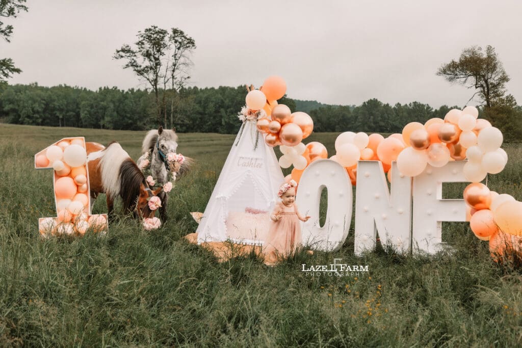 ponies with a little girl for her 1st birthday photoshoot
