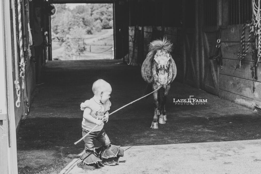 a little girl walking through the barn