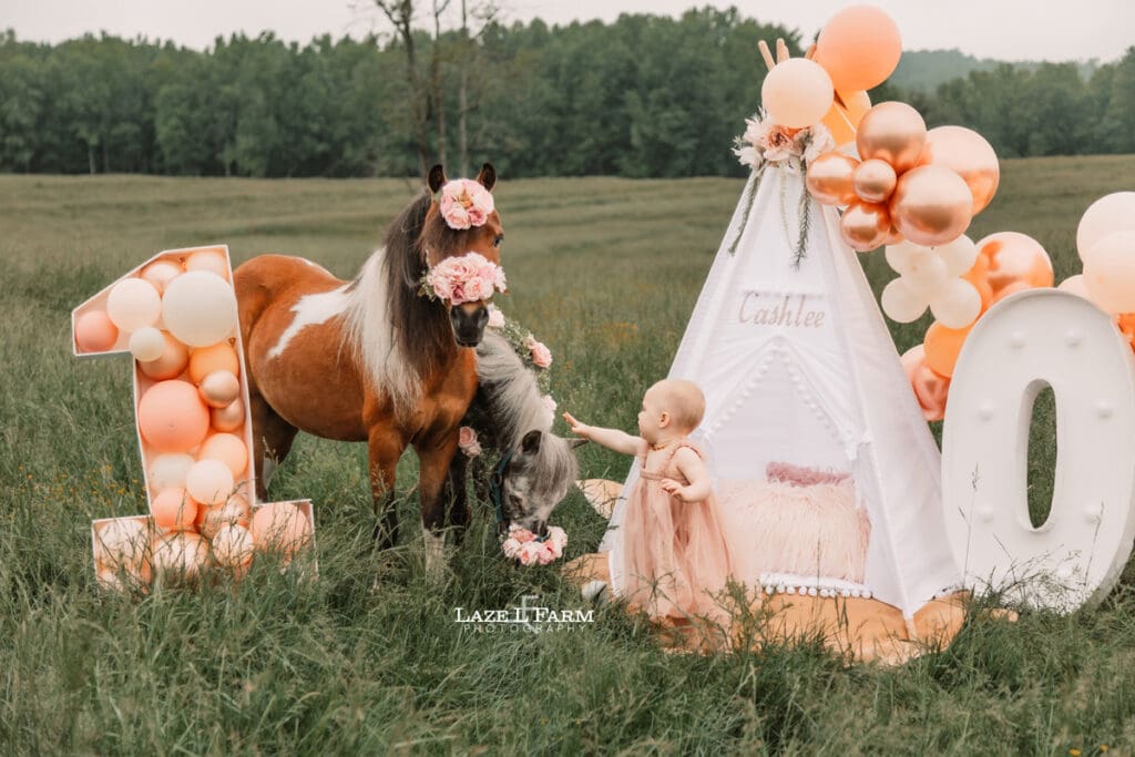 ponies with a little girl for her 1st birthday photoshoot