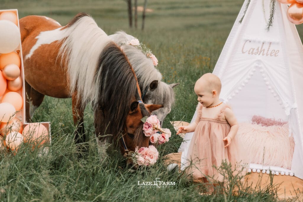 ponies with a little girl for her 1st birthday photoshoot