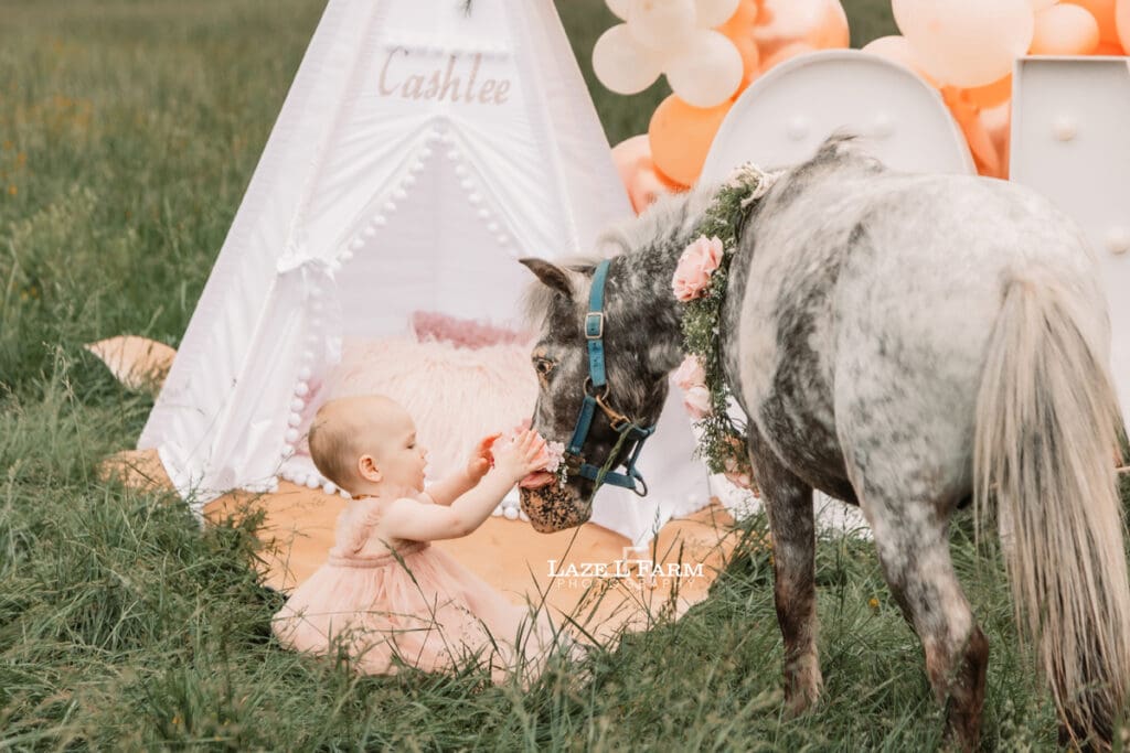 ponies with a little girl for her 1st birthday photoshoot