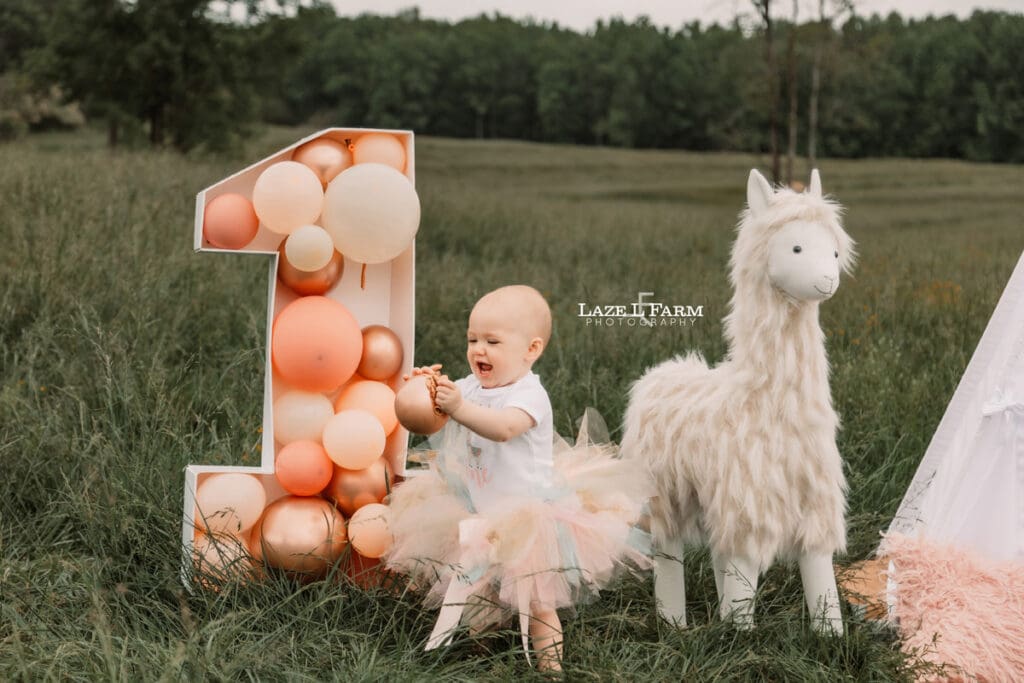 a little girl wearing a dress for her 1st birthday photoshoot