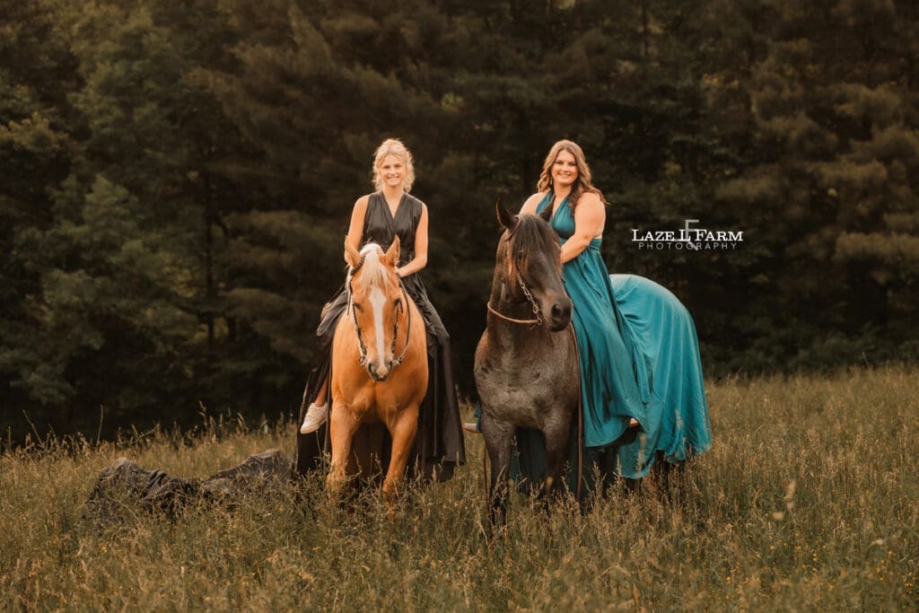 cowgirls in parachute dresses with their horses