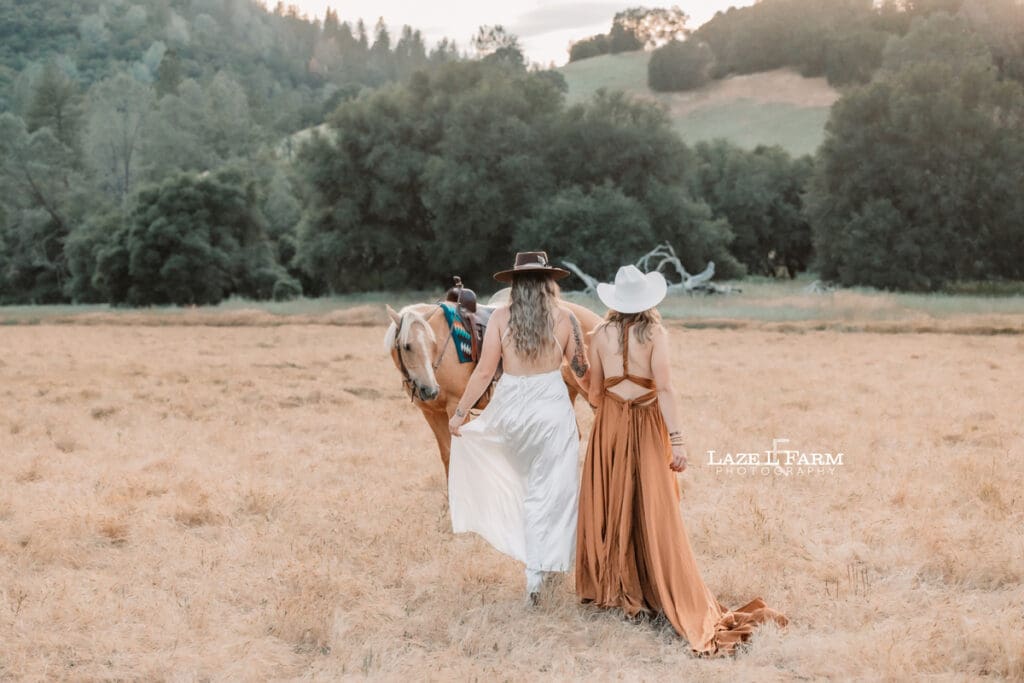 cowgirl best friends in dresses walking away