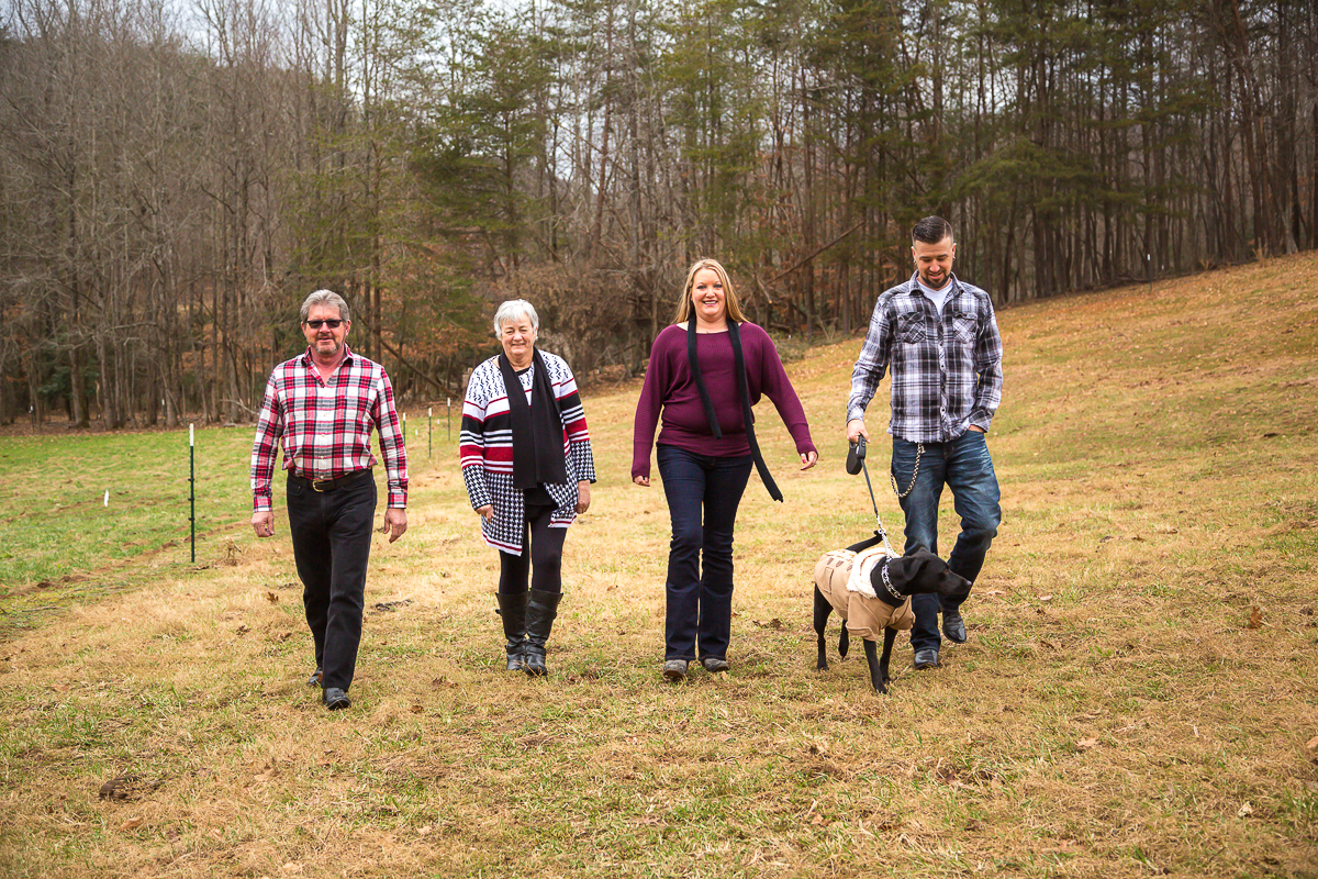 Laze L Farm Photography | Elder Farm Session | Taylorsville NC | family walking with dog
