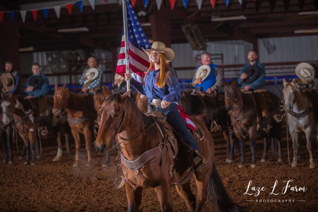 Laze L Farm Photography | SRCA Ranch Rodeo Finals 2018 | Yadkinville NC | cowgirl carrying american flag