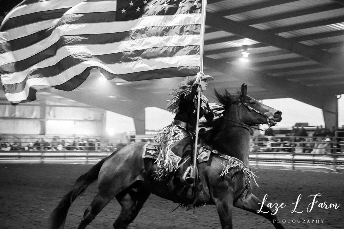 Laze L Farm Photography | Beyond Barriers Rodeo | H&H Arena | Taylorsville NC | American Flag on Horseback
