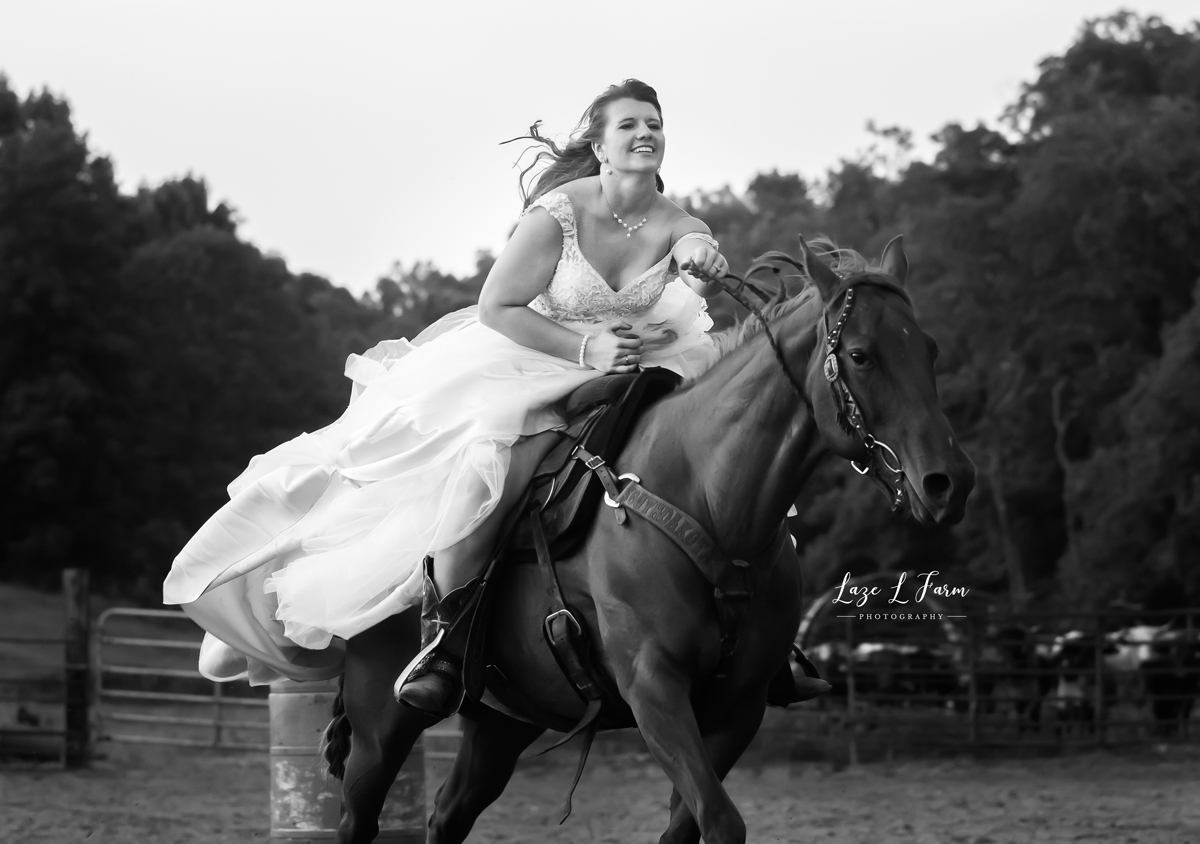 Laze L Farm Photography | Barrel Racing Bride | Hiddenite NC | Bride barrel racing