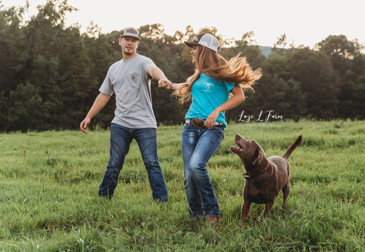 Laze L Farm Photography | Engagement Session | Taylorsville NC | couple running through field with dog