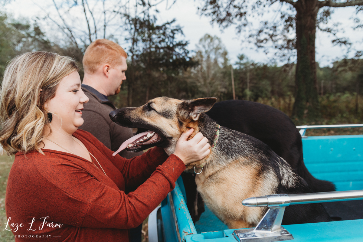 Laze L Farm Photography | Farm Pregnancy Announcement | Taylorsville NC | Happy German Shepherd