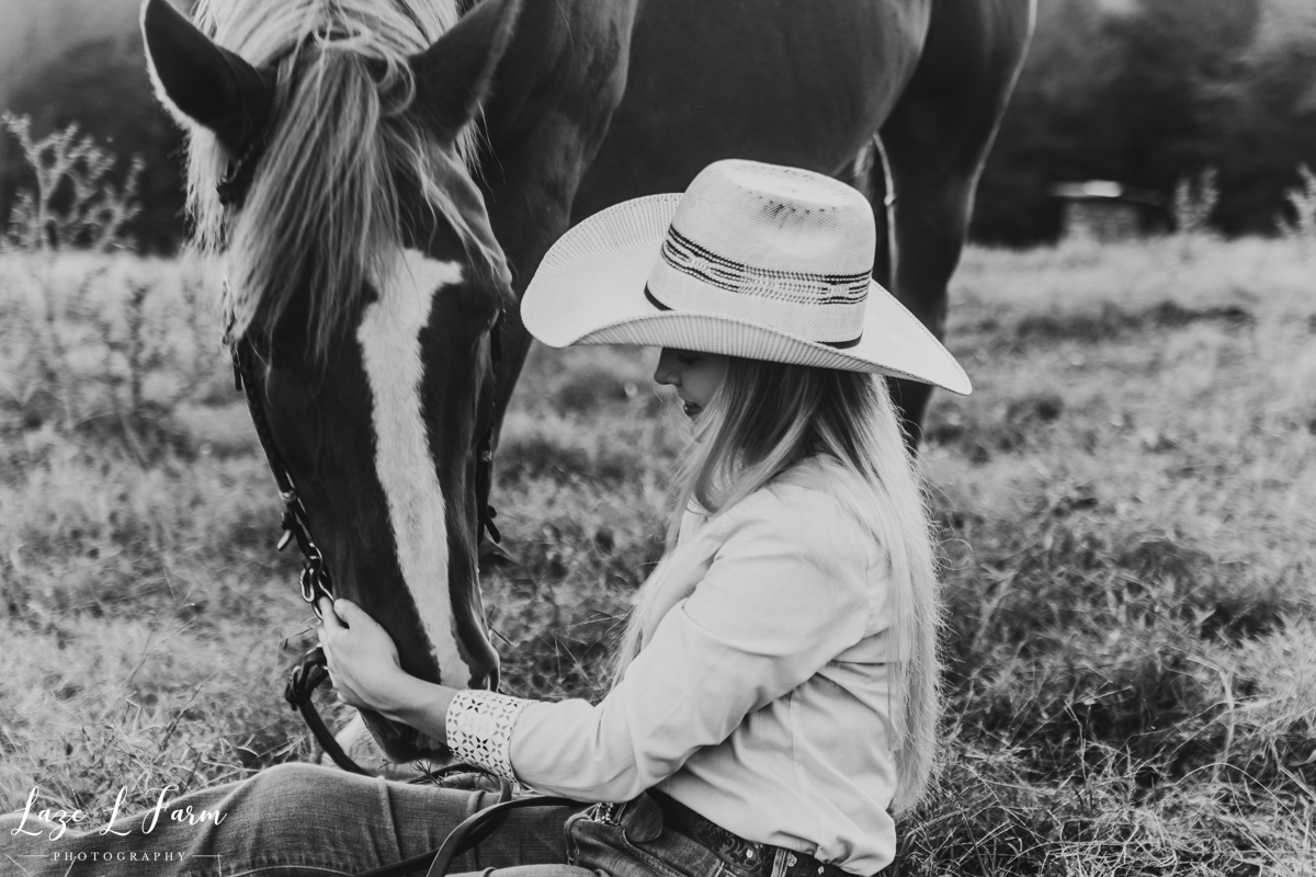 Laze L Farm Photography | Western Equine Photography | Payton Bush | Taylorsville NC | Black and White Cowgirl and Horse