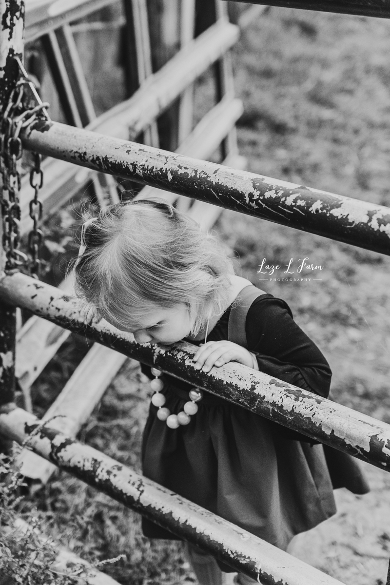 Laze L Farm Photography | Farm Session | Taylorsville NC | a little girl leaning against a gate