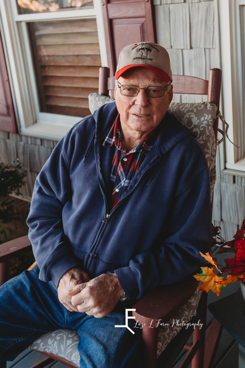 Laze L Farm Photography | Farm Session | Reid Tomlin | Statesville NC | grandfather sitting on front porch