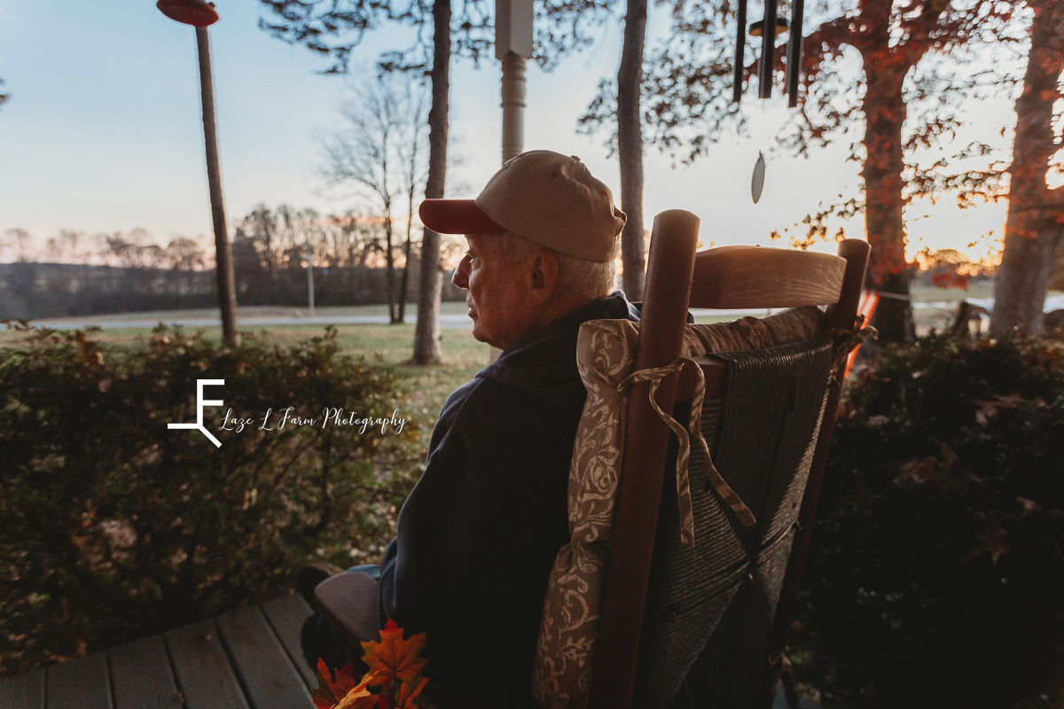 Laze L Farm Photography | Farm Session | Reid Tomlin | Statesville NC | grandfather sitting on front porch