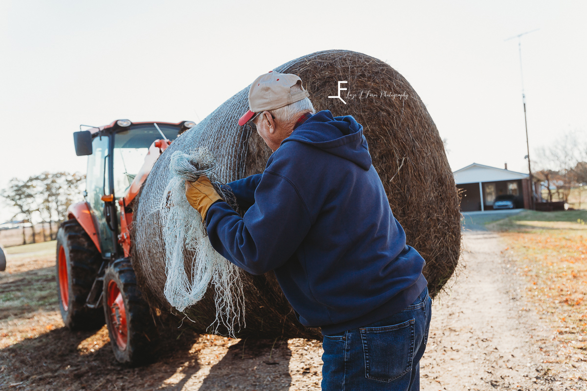 Laze L Farm Photography | Farm Session | Reid Tomlin | Statesville NC | farmer unwrapping round bale