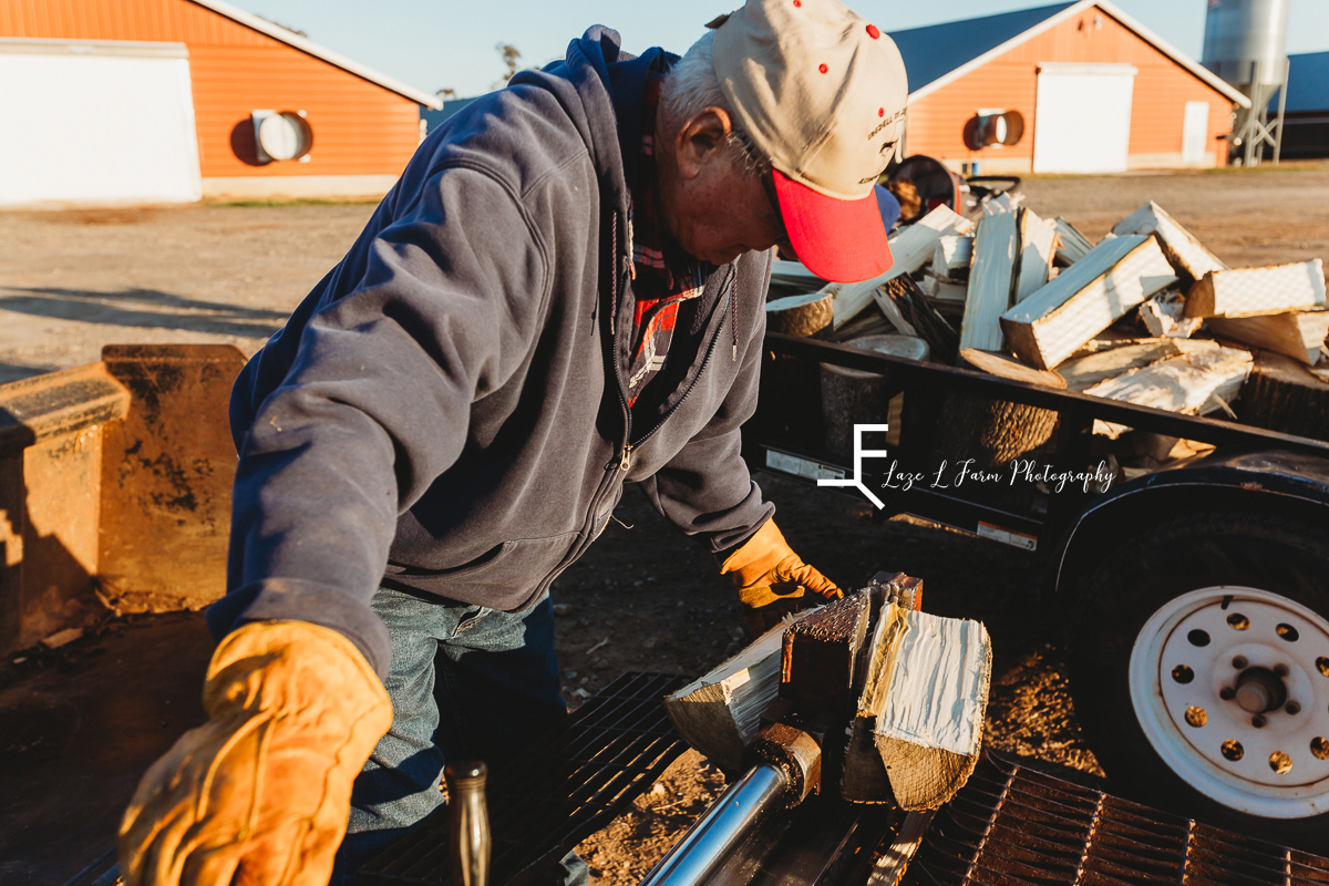 Laze L Farm Photography | Farm Session | Reid Tomlin | Statesville NC | older man splitting fire wood