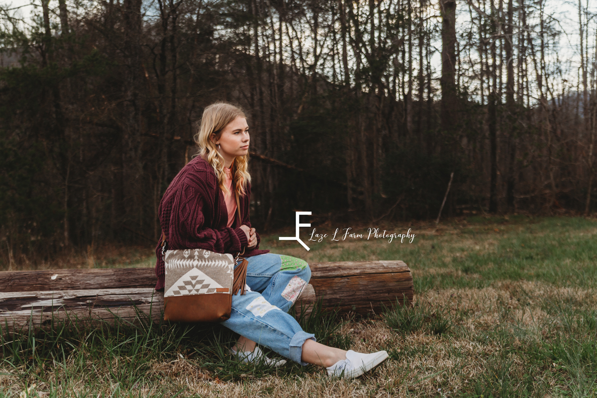 Laze L Farm Photography | Senior Session | Taylorsville NC | a girl sitting on a log in a field
