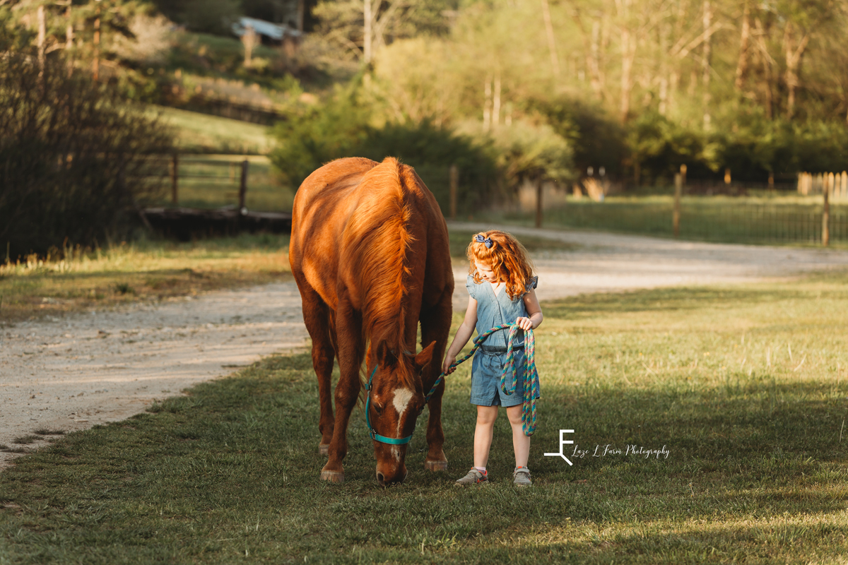 Laze L Farm Photography | a girl and her pony | Taylorsville NC | a little girl letting her horse eat grass