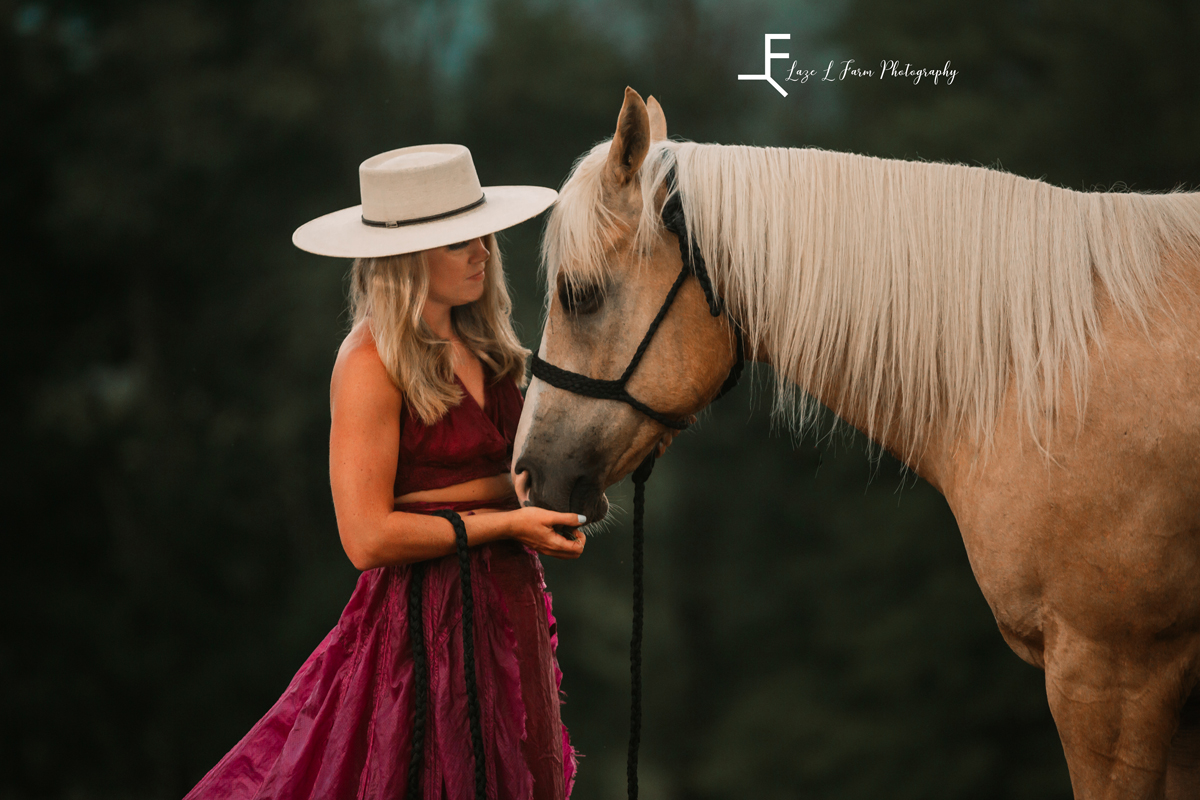 Laze L Farm Photography | Parachute Dress | Boone NC | Horse sniffing model's hand