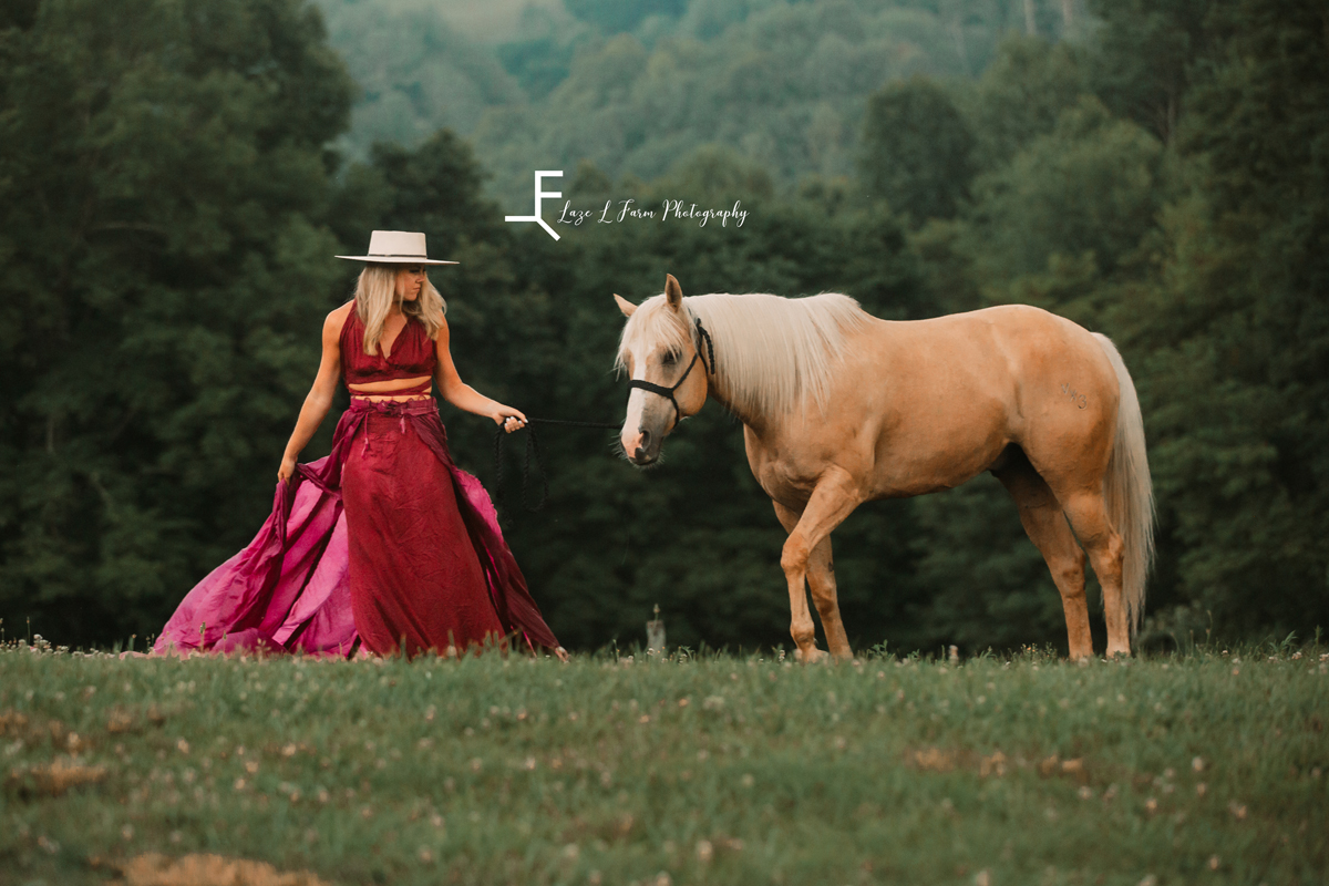 Laze L Farm Photography | Parachute Dress | Boone NC | Model leading horse