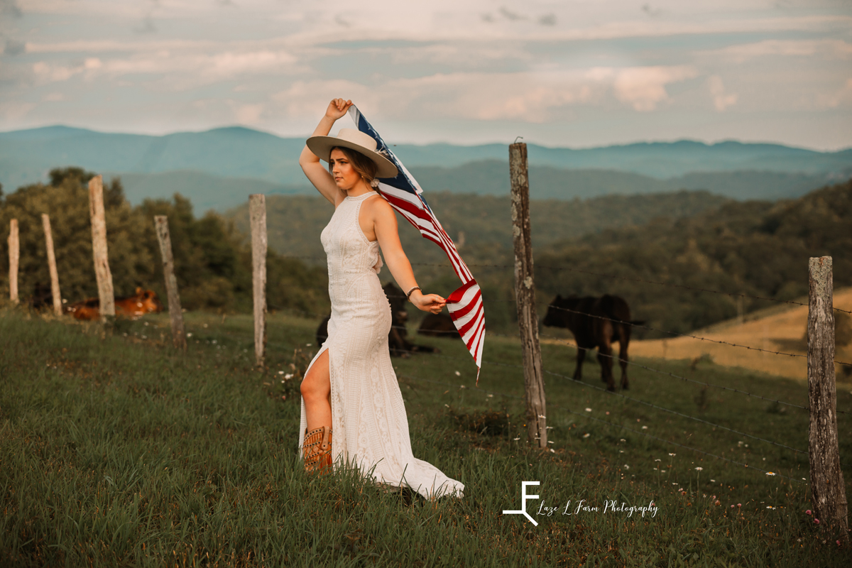 Laze L Farm Photography | The White Crow | Wedding Venue | Banner Elk NC | Posing with flag