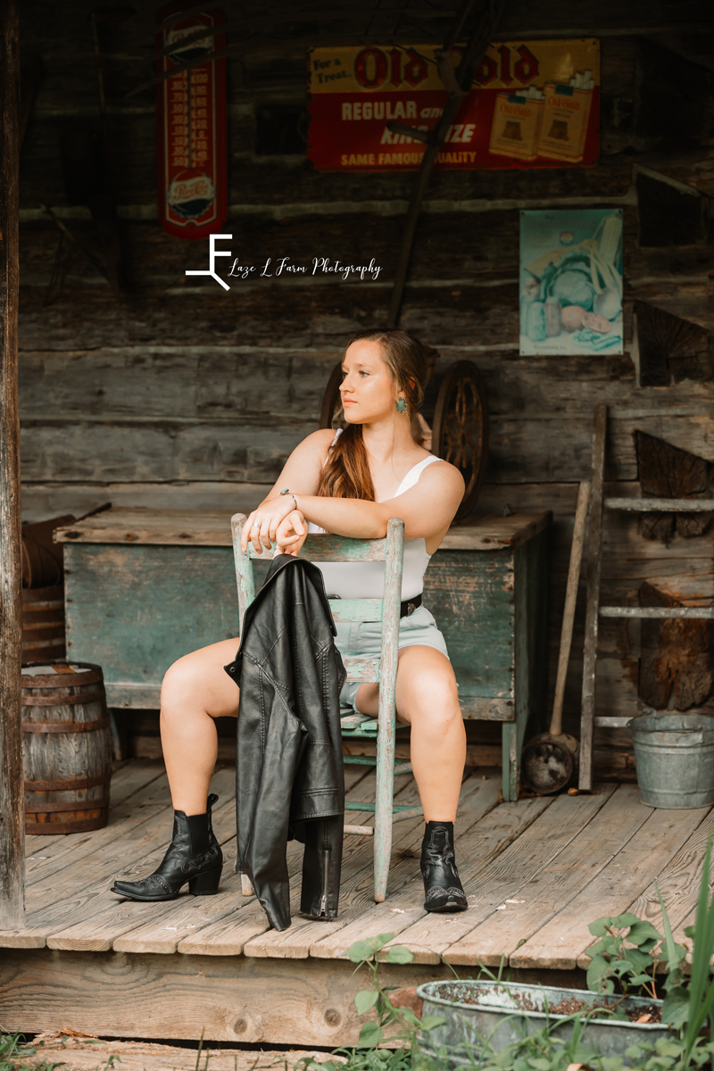 Laze L Farm Photography | Western Fashion | East TN | Chair pose with coat