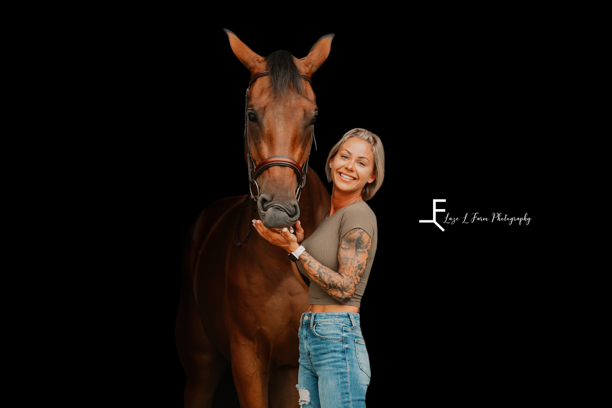 Laze L Farm Photography | Equine Photography | Abbot Creek Stable | Person 4 black out background smiling at the camera