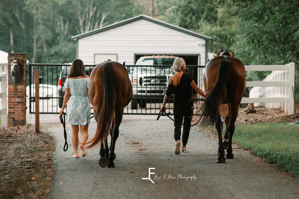 Laze L Farm Photography | Equine Photography | Abbot Creek Stable | 2 horses 2 girls walking away