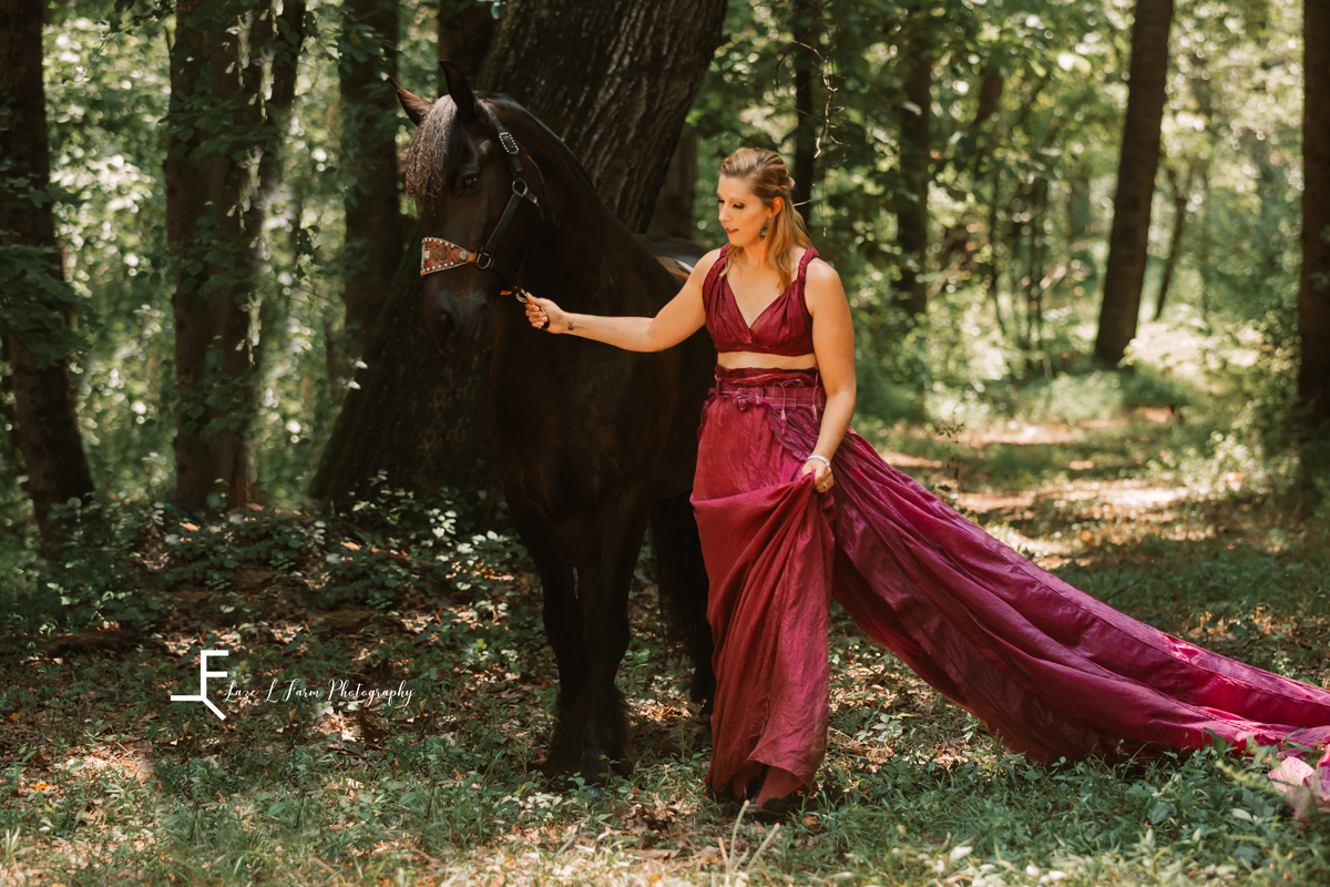 Laze L Farm Photography | Parachute Dress | The Emerald Hill | April walking the friesian