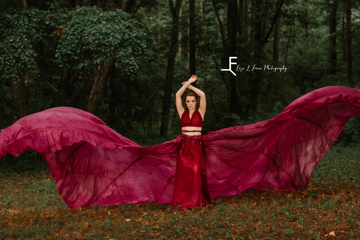 Laze L Farm Photography | Parachute Dress | The Emerald Hill | Deanna with her arms posed