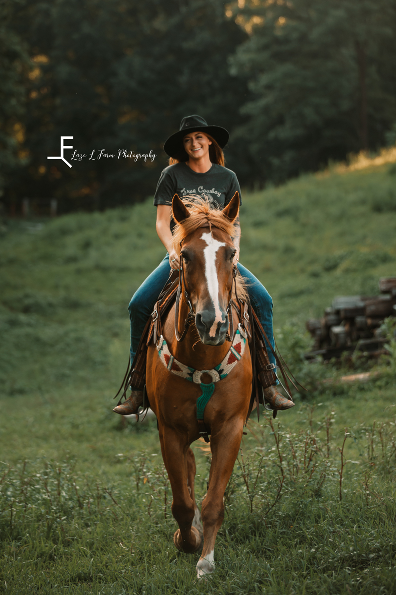 Laze L Farm Photography | Western Lifestyle | Mercy Grey | Taylorsville NC | cowgirl riding towards camera
