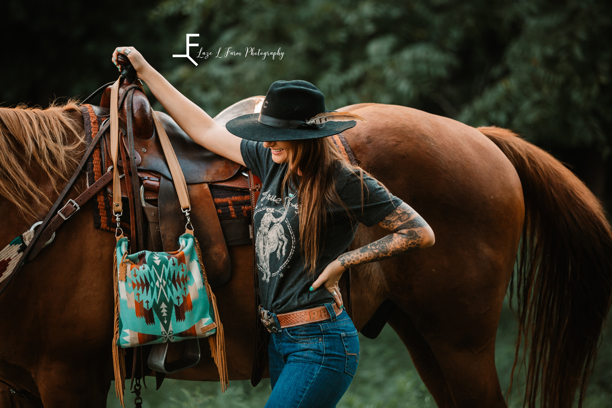 Laze L Farm Photography | Western Lifestyle | Mercy Grey | Taylorsville NC | cowgirl standing with her horse
