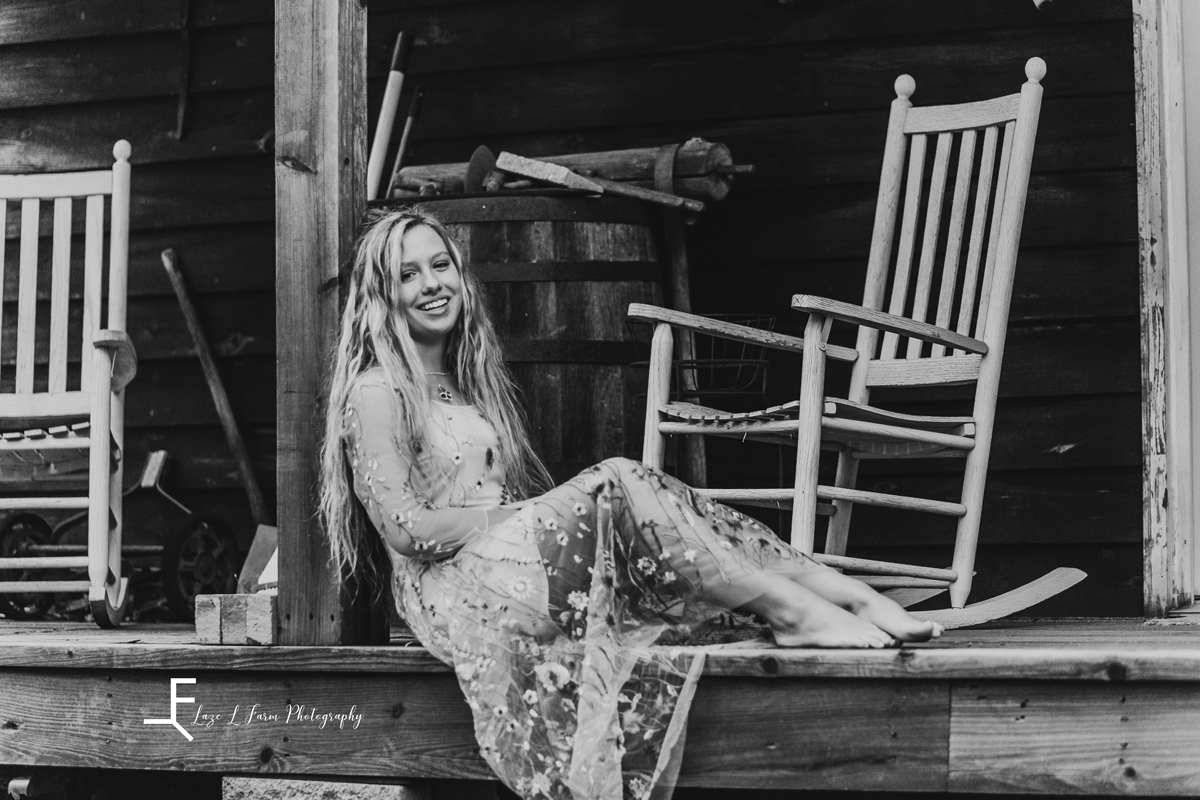 Laze L Farm Photography | Western Lifestyle | Dudley Shoals NC | Zoey on porch black and white