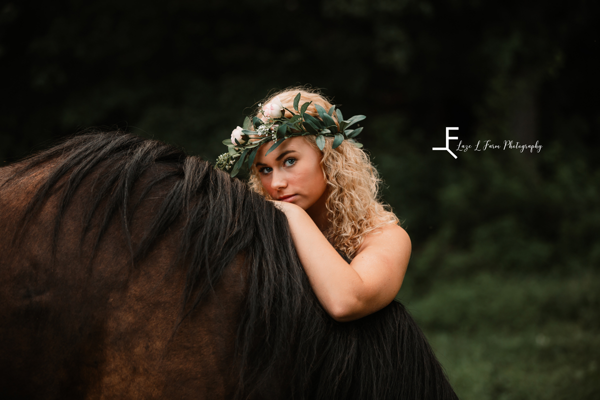 Laze L Farm Photography | Western Lifestyle | Taylorsville NC | Reid posing against horse's neck