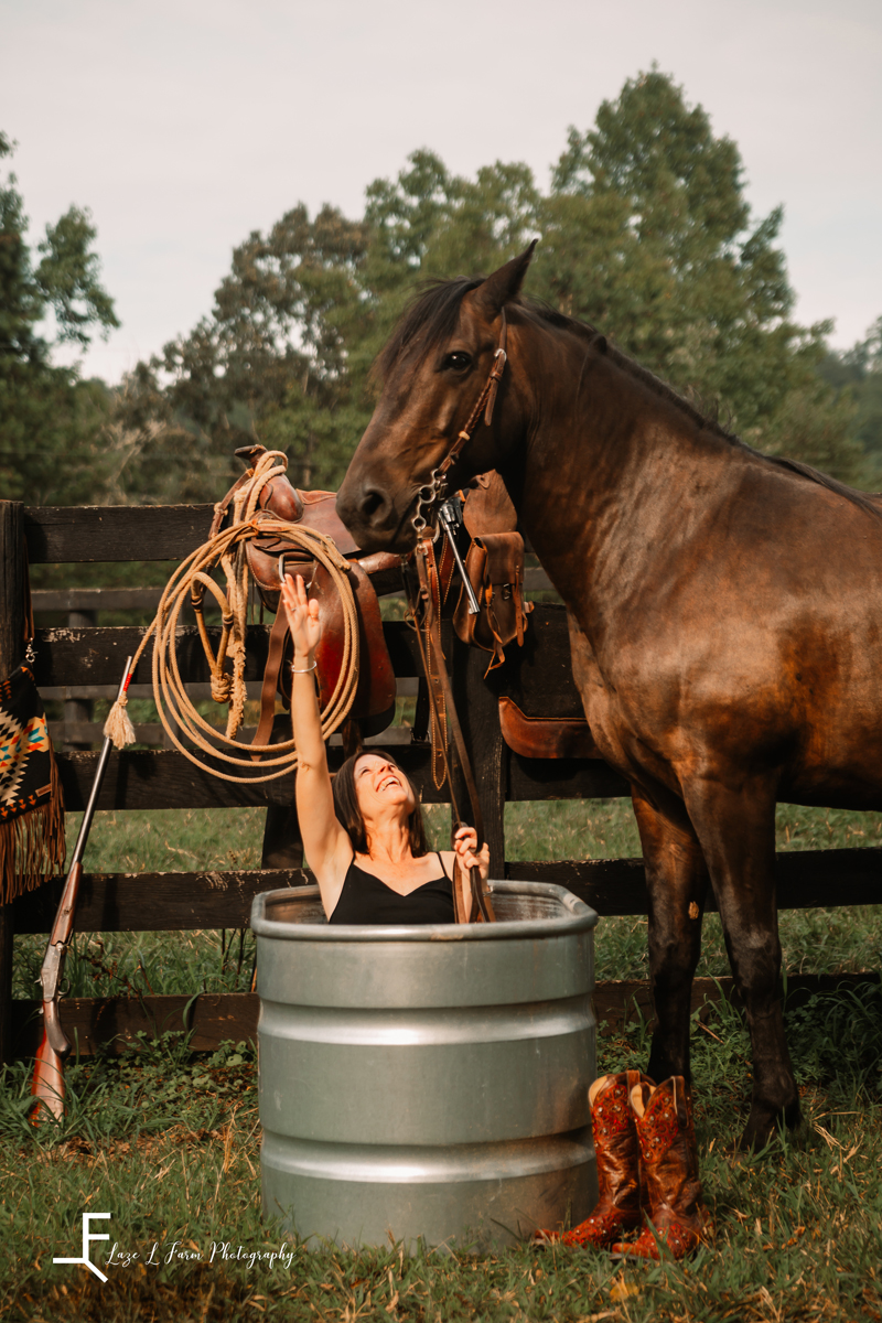 Laze L Farm Photography | Western Lifestyle | Beth Dutton | Taylorsville NC | Laura playing with the horse