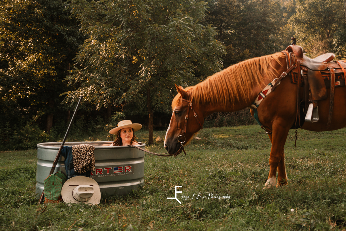 Laze L Farm Photography | Western Lifestyle | Beth Dutton | Taylorsville NC | Brandi in trough with horse