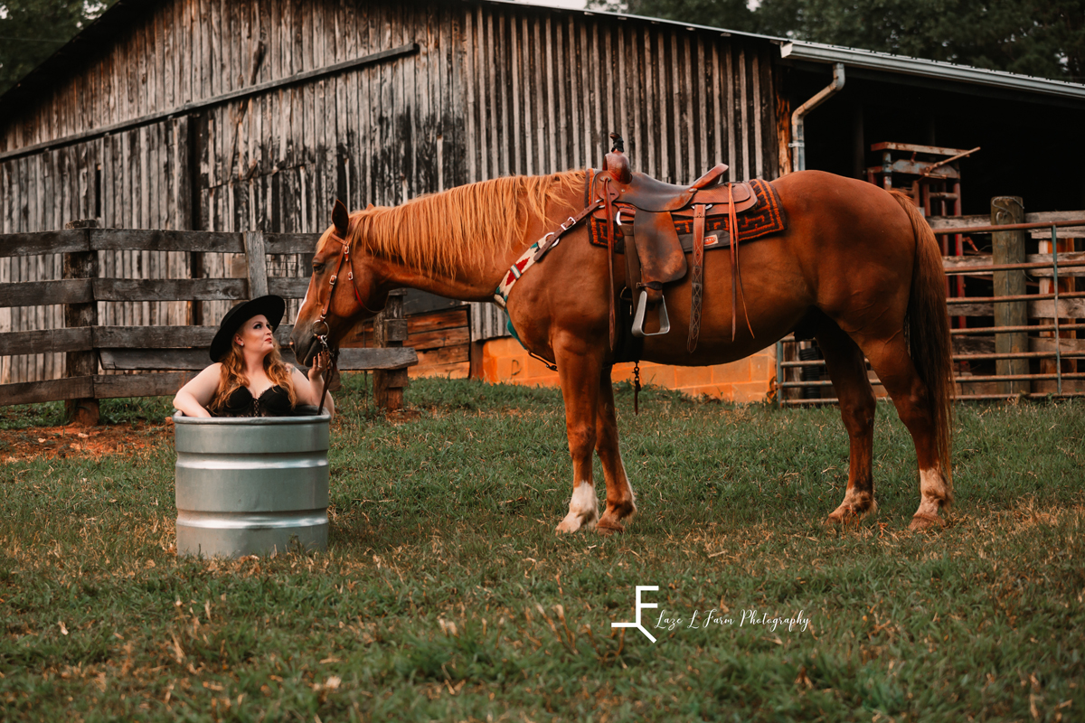 Laze L Farm Photography | Western Lifestyle | Beth Dutton | Taylorsville NC | Wide shot with the horse