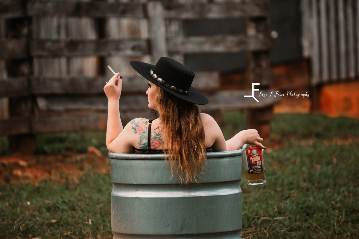 Laze L Farm Photography | Western Lifestyle | Beth Dutton | Taylorsville NC | Devon with whisky and cigarette