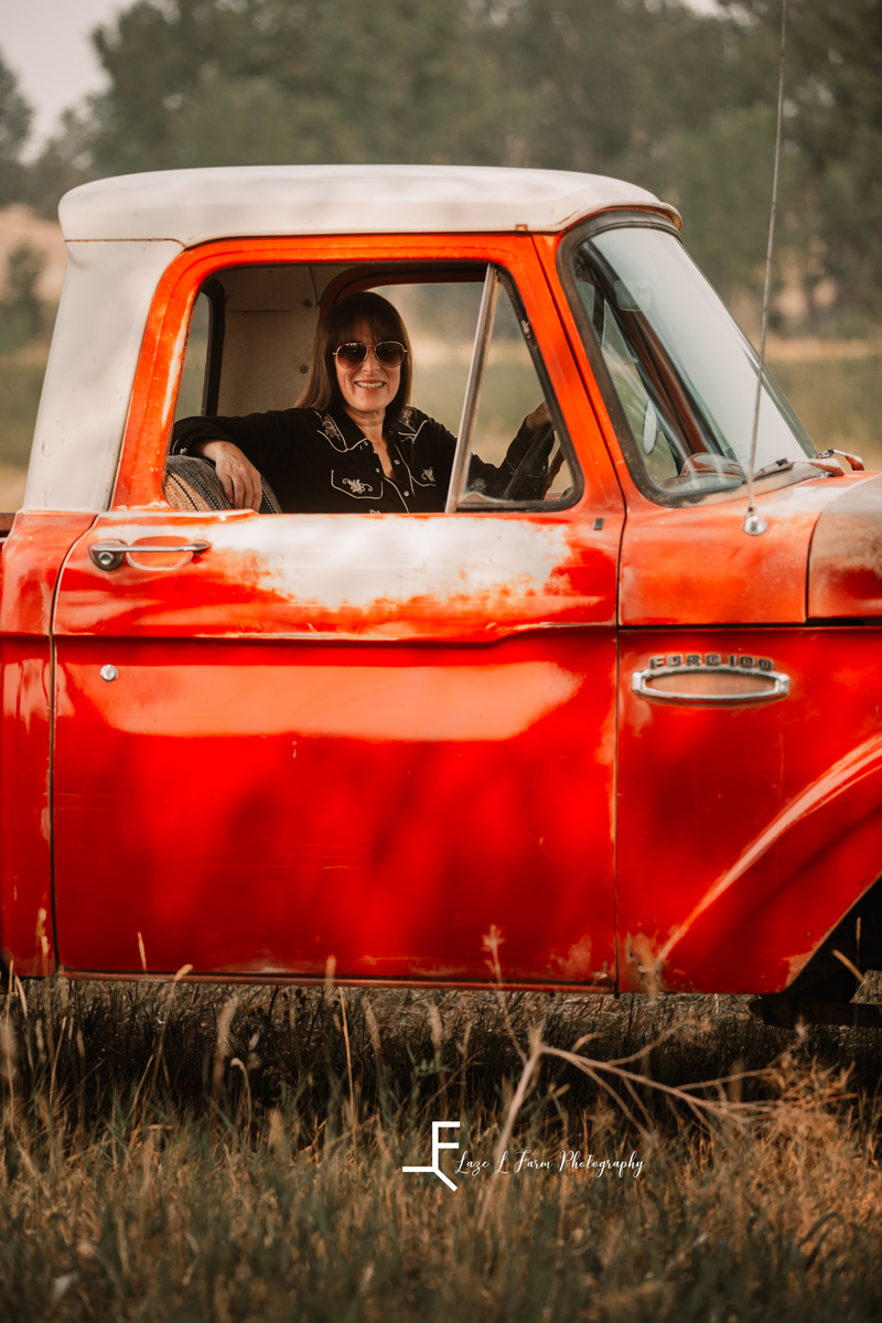 Laze L Farm Photography | Billings Montana | Side shot of Mary in the truck
