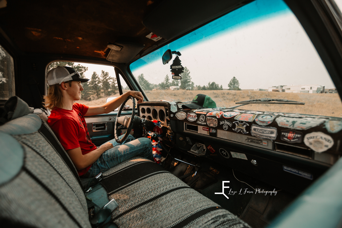 Laze L Farm Photography | Billings Montana | Inside shot of Will driving