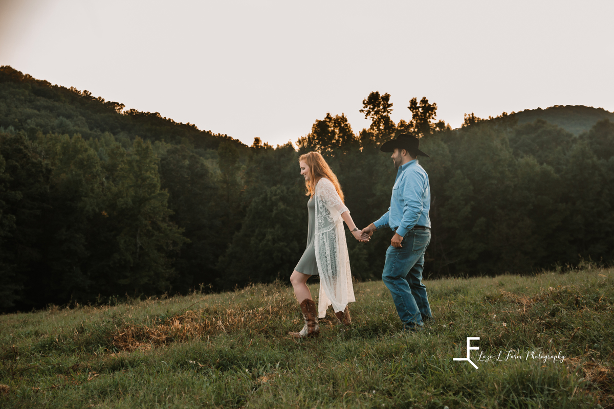 Laze L Farm Photography | Cowboy Blind Date Photo Shoot | Taylorsville NC | Walking away holding hands