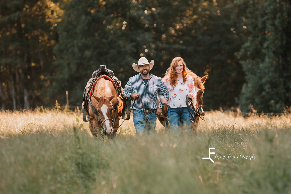 Laze L Farm Photography | Cowboy Blind Date Photo Shoot | Taylorsville NC | Walking the horses toward the camera