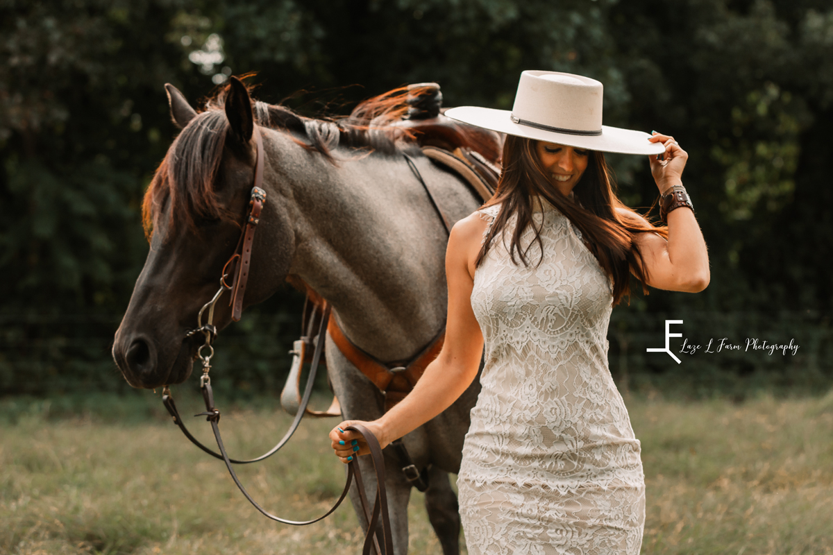  Laze L Farm Photography | Equine Photography | Taylorsville NC | Danielle walking horse in white dress and hat