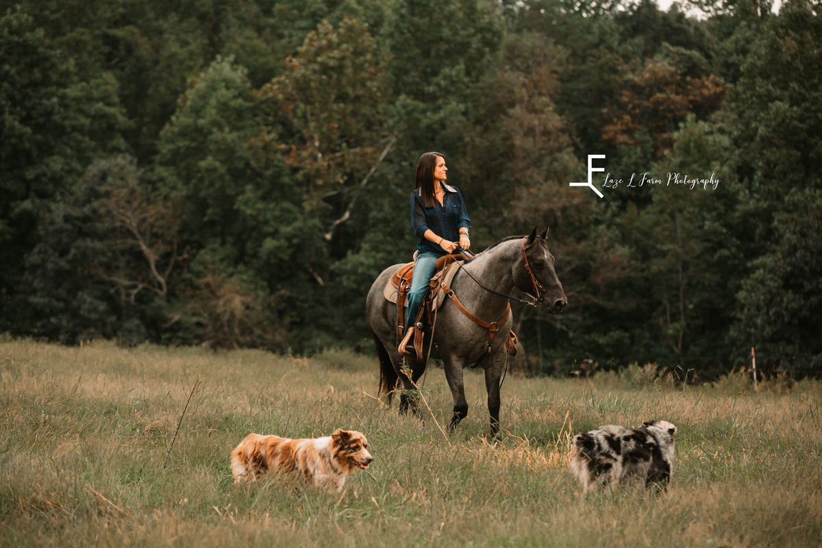  Laze L Farm Photography | Equine Photography | Taylorsville NC | Danielle riding with the dogs