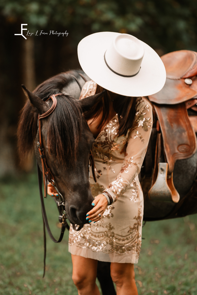  Laze L Farm Photography | Equine Photography | Taylorsville NC | Danielle in sparkly dress petting horse