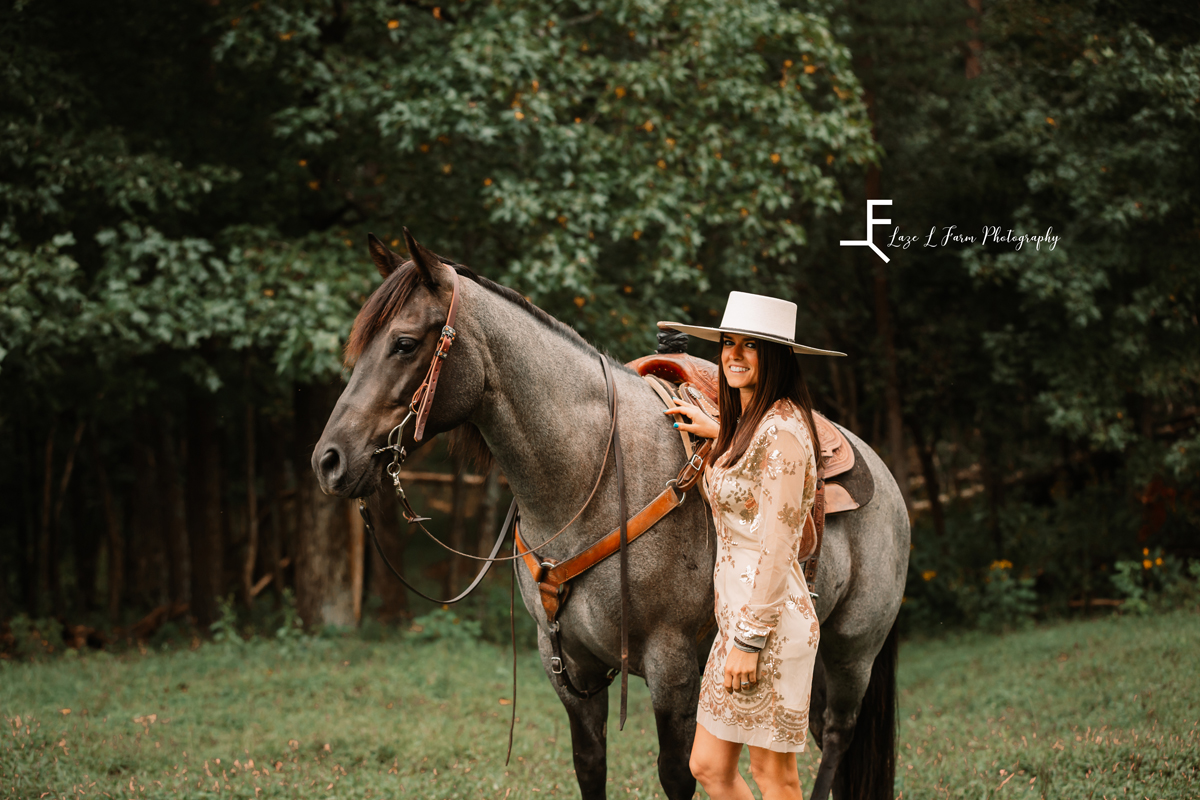 Laze L Farm Photography | Equine Photography | Taylorsville NC | Danielle posing in dress next to horse