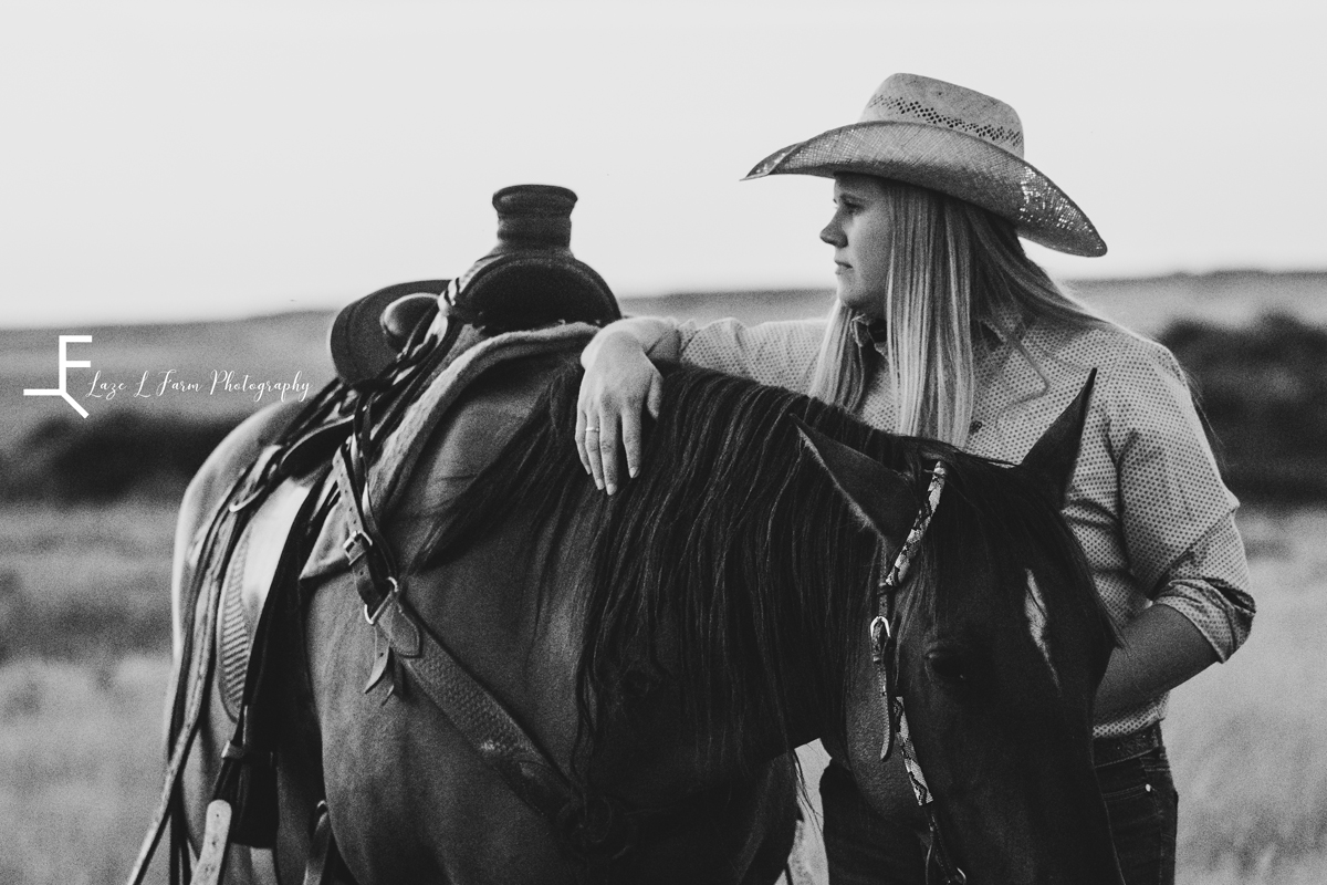Laze L Farm Photography | Western Lifestyle | Taylorsville NC | B&W Michaela with horse